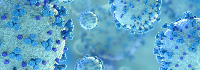 Poster - Microscopic close-up of the covid-19 disease. Coronavirus illness spreading in body cell. 2019-nCoV analysis on microscope level 3D rendering