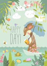 Cute Deer Reads Book In Little Boat. Hello Summer