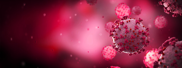 Poster - Microscopic close-up of the covid-19 disease. Coronavirus illness spreading in body cell. 2019-nCoV analysis on microscope level 3D rendering