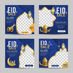 Wall Mural - Eid sale social media banner post template with crescent moon and lantern. special offers promo for your seasonal design