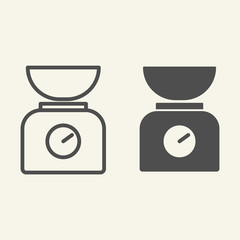 Poster - Kitchen scale with bowl line and solid icon. Kitchen measuring device symbol, outline style pictogram on beige background. Weight scale sign for mobile concept and web design. Vector graphics.