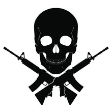 Skull With Crossed Guns/ Black White Vector Illustration 