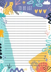 Poster - Cartoon colorful to do list template with place for text vector flat illustration. Doodle tasks lists for planning and control decorated by creative scribble and leopard animal. Organizer blank