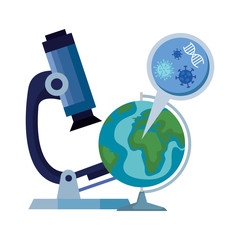 Poster - microscope with world planet and microorganisms vector illustration design