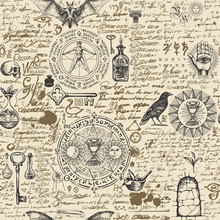 Vector Seamless Pattern On A Theme Of Alchemy In Vintage Style. Abstract Background With Hand-drawn Sketches, Ancient Alchemical Symbols, Ink Blots And Unreadable Scribbles Imitating Handwritten Text