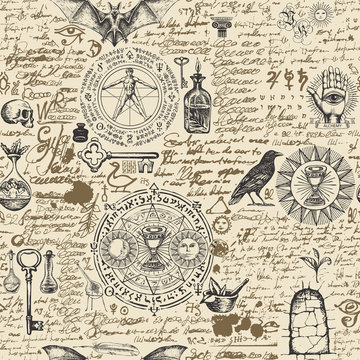 Vector seamless pattern on a theme of alchemy in vintage style. Abstract background with hand-drawn sketches, ancient alchemical symbols, ink blots and unreadable scribbles imitating handwritten text