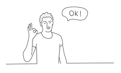 Sticker - Guy showing okay gesture. Line drawing vector illustration.