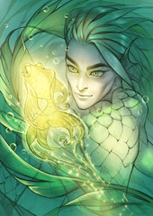 Fantasy graphic portrait illustration of a handsome male mermaid with a magic glowing fish as a pet