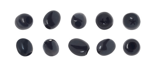 Wall Mural - Set of black olives isolated on white background