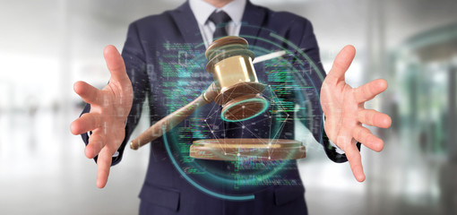 Poster - Businessman holding a Justice hammer and data - 3d rendering