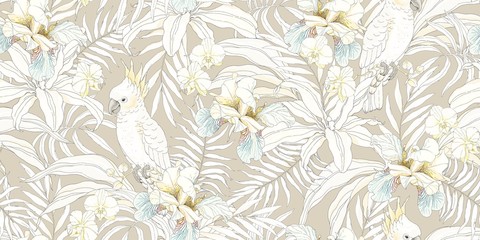 parrot cockatoo with flowers orchid, fleur de lis and leaves. vector seamless pattern, tropical illu