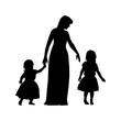 black women silhouette with two children isolated on white background, holiday clipart. Happy Mother's day greeting card. Vector illustration mother and babys, daughters.