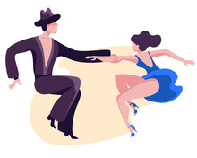Slender Couple Dancing Latin Swing Dance. The Girl In The Blue Short Dress. A Man In Black Pants And A Shirt. Vector Illustration In Flat Style.