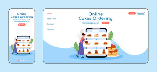 Poster - Online cakes ordering adaptive landing page flat color vector template. Pastry shop mobile and PC homepage layout. Bakery order one page website UI. Desserts assortment webpage cross platform design