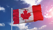 Canadian National Flag Waving On The Blue Sky With Beautiful Sunlight. 3d Illustration