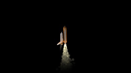 Launch of space shuttle atlantis 3D render animation isolated on black background.