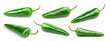 Green chili pepper. Chili pepper collection isolated with clipping path. Full depth of field
