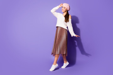 Poster - Full size profile side photo of nice girl enjoy her french lady style attract guy look copyspace touch beret isolated over purple color background