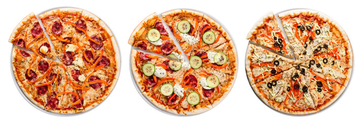 set of three italian pizzas isolated on white top view