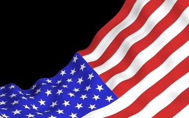 Waving flag of the United States of America on a dark background. Stars and Stripes. State symbol of the USA. 3D illustration