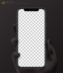 Wall Mural - Mockup smartphone space gray color holding in hand Isolated on dark background with blank screen for your design. Realistic vector illustration