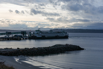 Ferry near terminal in oceanfront area, Edmonds, WA