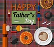 © olga - A postcard with fishing gear, doughnuts and a fishing rod for father s Day. Illustration with an English cage. Congratulations with hooks, floats, lures and reels for fishing. Bright and stylish