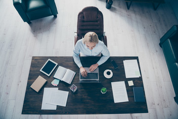 Wall Mural - High angle above view photo of attractive business lady notebook table chatting colleagues read corporate report insurance agent wear shirt sitting chair modern interior office indoors