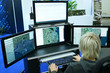 Military computer-assisted dispatch station for reconnaissance and coordination units, monitors and operator working