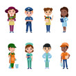 Frontline workers who work during coronavirus (covid-19). Cartoon nurse, medical staff, doctor, police, essential retailer, cook & food server, courier vector illustration for kids.