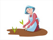 Senior woman life style vector flat illustration gardening and pleasure enjoyment. Granny in the garden. White isolated background