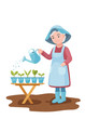 Elderly woman watering plants vector flat illustration. Granny is gardening and pleasure enjoyment.