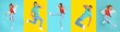 © New Africa - Collage with photos of young people in fashion clothes jumping on different color backgrounds. Banner design