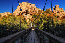 Wooden Bridge In Boyce Thompson Arboretum Arizona, USA, Magma Rock At The Backdrop