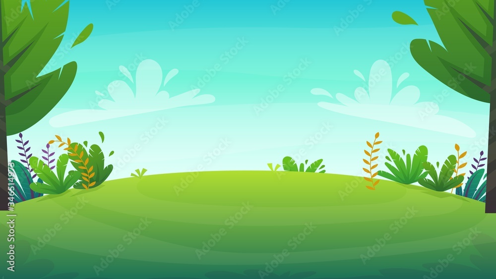 grass glade lawn in the forest background, joyful bright kids green field, cartoon style hill summer sun clear sky with clouds bushes and flowers in the garden with fir trees , vector - obrazy, fototapety, plakaty 