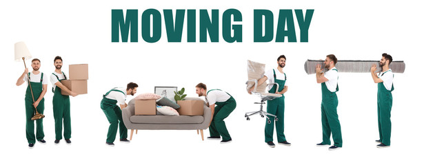 Wall Mural - Collage with photos of workers carrying furniture on white background, banner design. Moving service