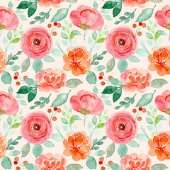 pink orange flower watercolor seamless pattern with green leaves