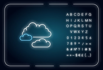 Sticker - Cloudy weather neon light icon. Outer glowing effect. Overcast, moody sky, meteorological forecast sign with alphabet, numbers and symbols. Clouds vector isolated RGB color illustration