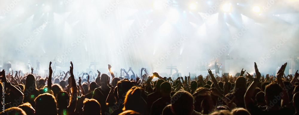 banner of cheering crowd and stage lights with space for your text - obrazy, fototapety, plakaty 