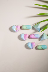 Wall Mural - Modern chocolate candies pastel colour and plant on light surface