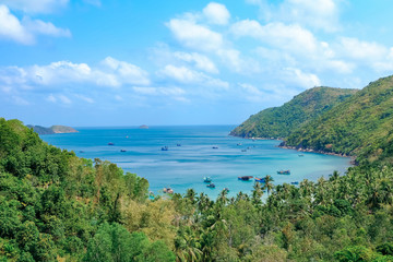 The beautiful tropical beach of Nam Du, the paradise island with the coast, white sand, clean water, boat, forest and blue sky. Nam Du island is a popular tourist destination in Kien Giang, Vietnam