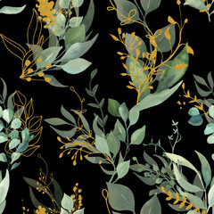 Watercolor hand painted seamless pattern with gold and green floral bouquet on black background.