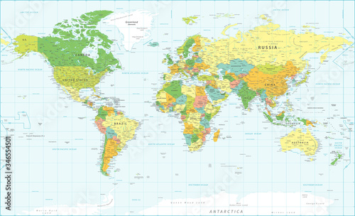 Photographie World Map Vintage Political - Vector Detailed Illustration - Layers