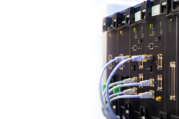 Poster - network hardware. local area network in a business center. fiber optic cables are connected to the s