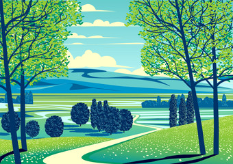 Wall Mural - Summer rural landscape with trees, fields, meadows and hills in the background.