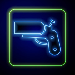 Poster - Glowing neon Flare gun pistol signal sos icon isolated on blue background. Emergency fire shoot target smoke. Orange 911 launcher.  Vector Illustration