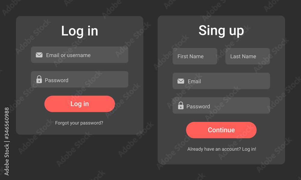 Registration form and login form. Dark design. Vector illustration ...