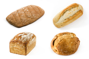 Collage of different breads on white background