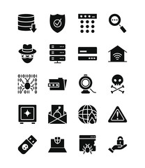 Poster - data servers and cyber security icon set, silhouette style