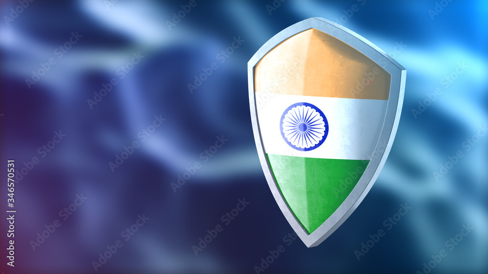Protection shield and safeguard concept. Shiny steel armor painted as Indian national flag. Safety badge icon. Privacy banner. Security label and defense sign. Force and strong symbol. 3D rendering